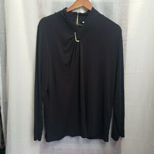 Liz Claiborne Black Long Sleeve Blouse Gold Pendant Neck Dressy Classic Size XXL